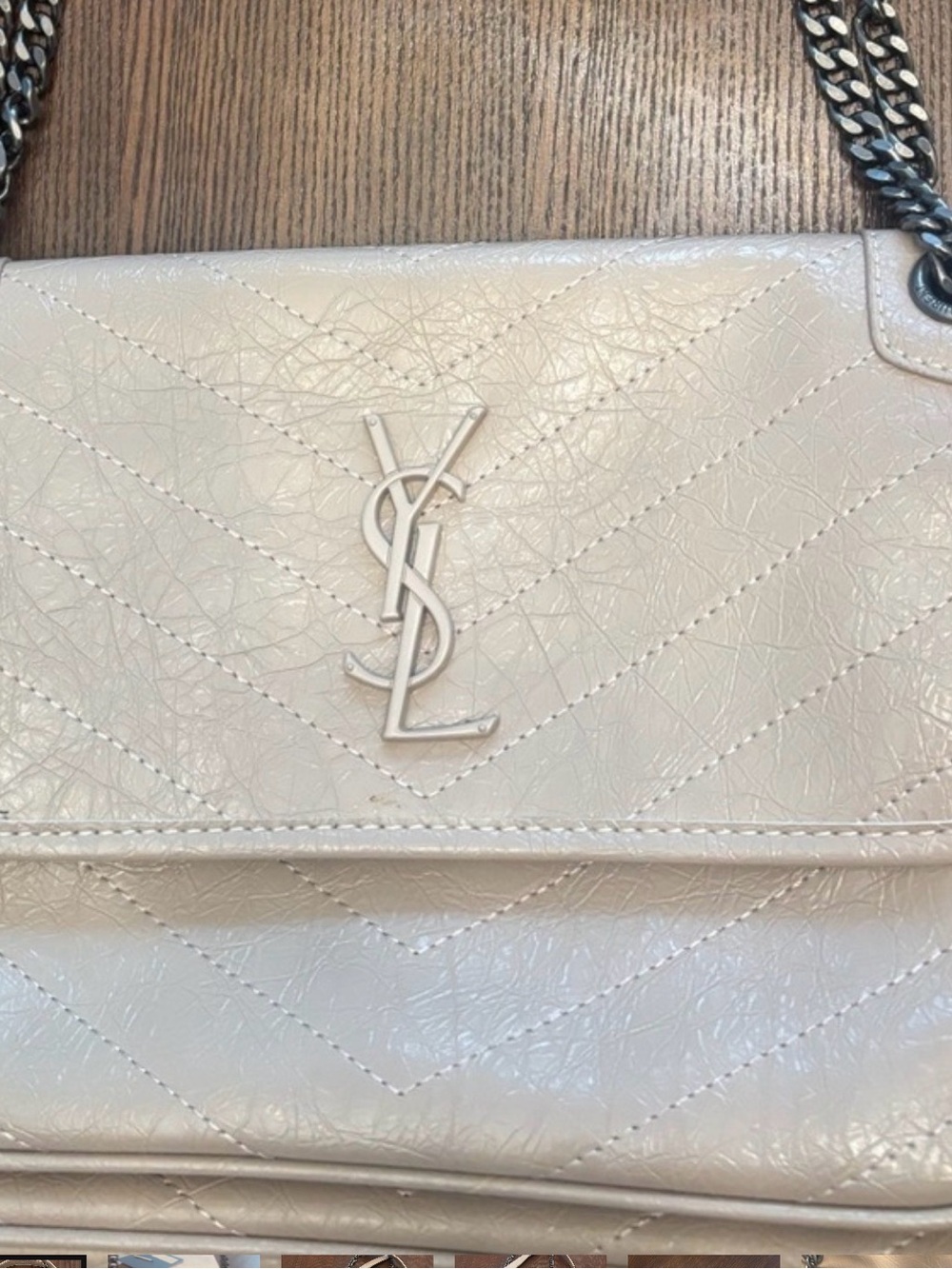 Beige Quilted Leather Shoulder Bag with designer inspired Logo silver chain - Picture 9 of 9